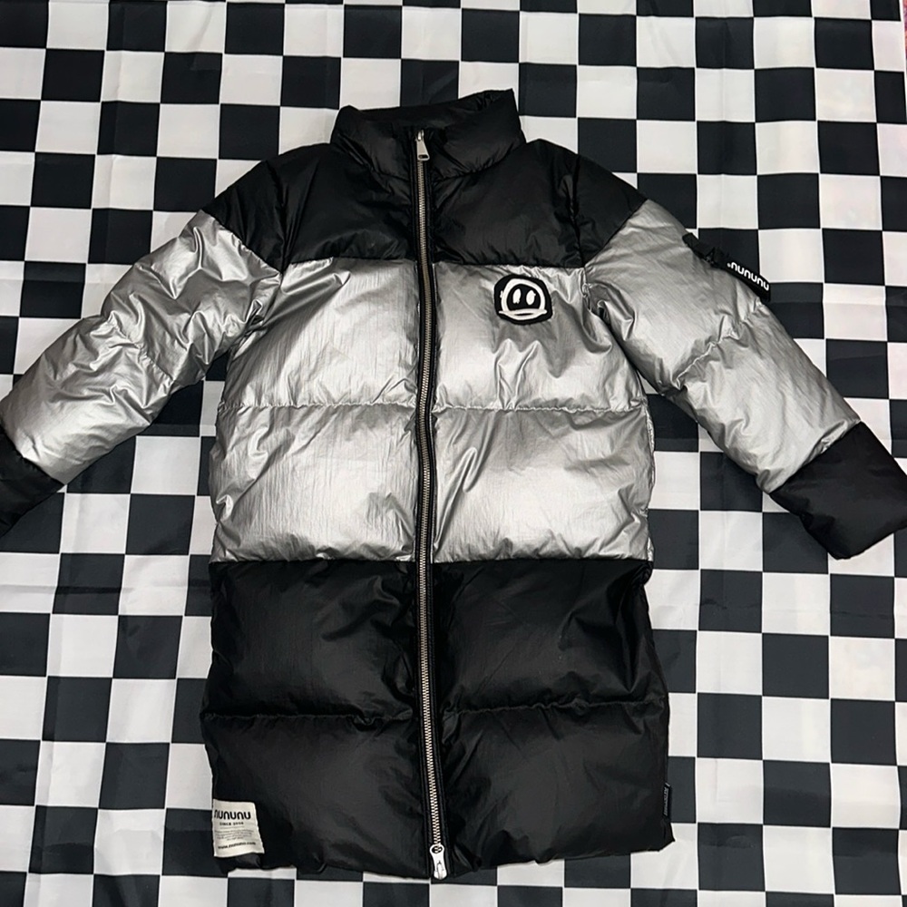 Nununu LIKE NEW Metallic Black & Silver Long Puffer Down Coat Jacket 6-7